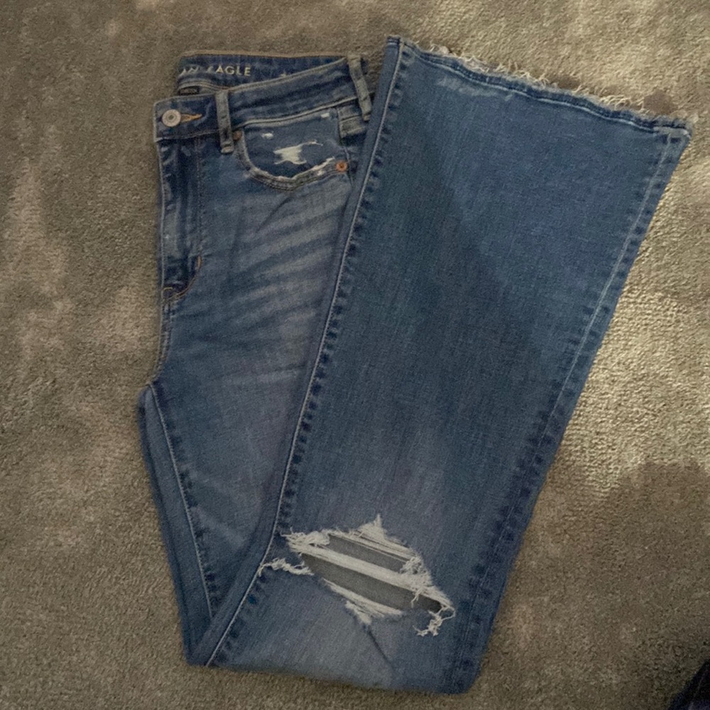 American Eagle. Flare denim. High rise. Distressed. Size 2. Barely worn.